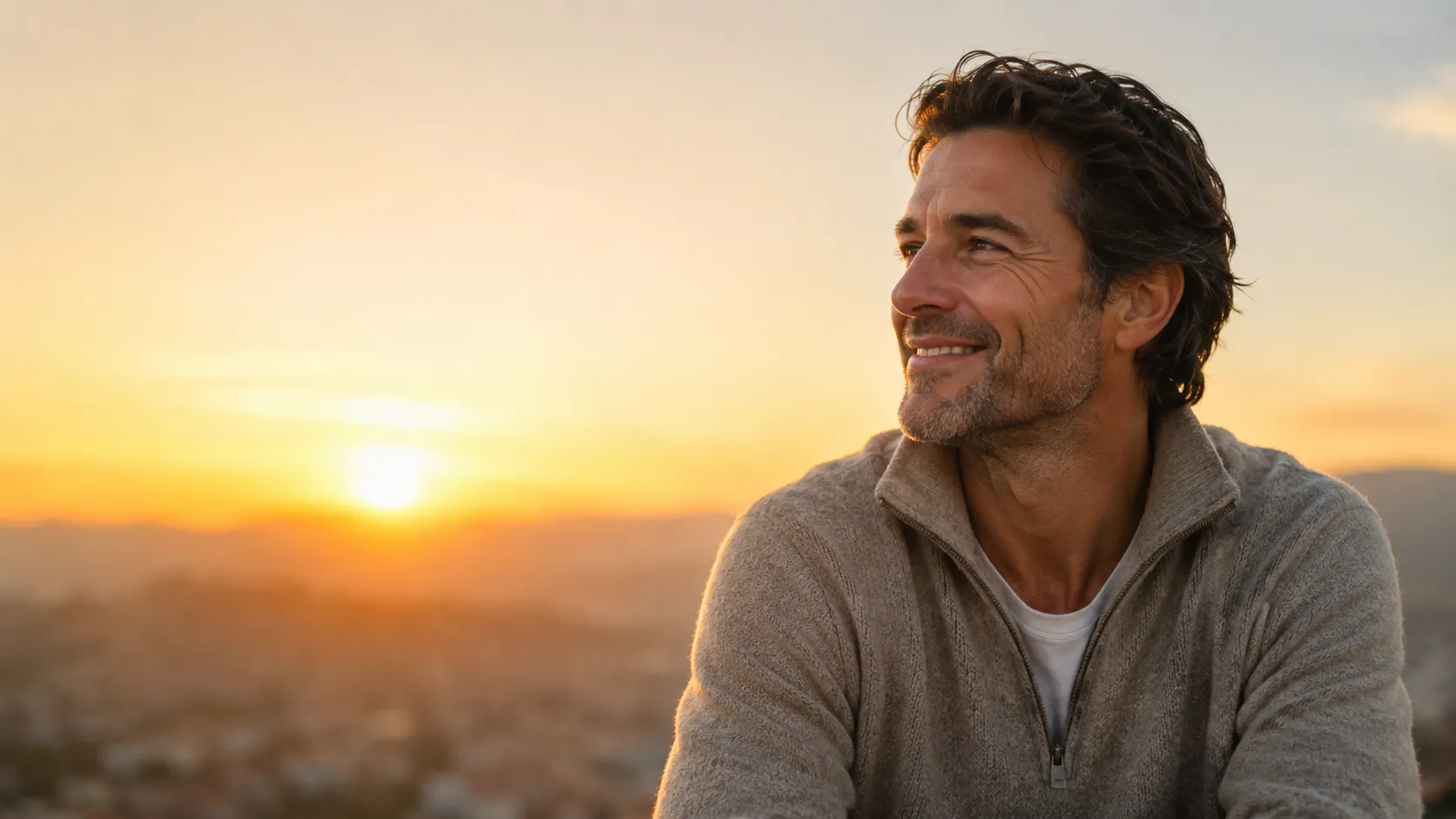 Persona sonriendo con Simjá en luz de amanecer