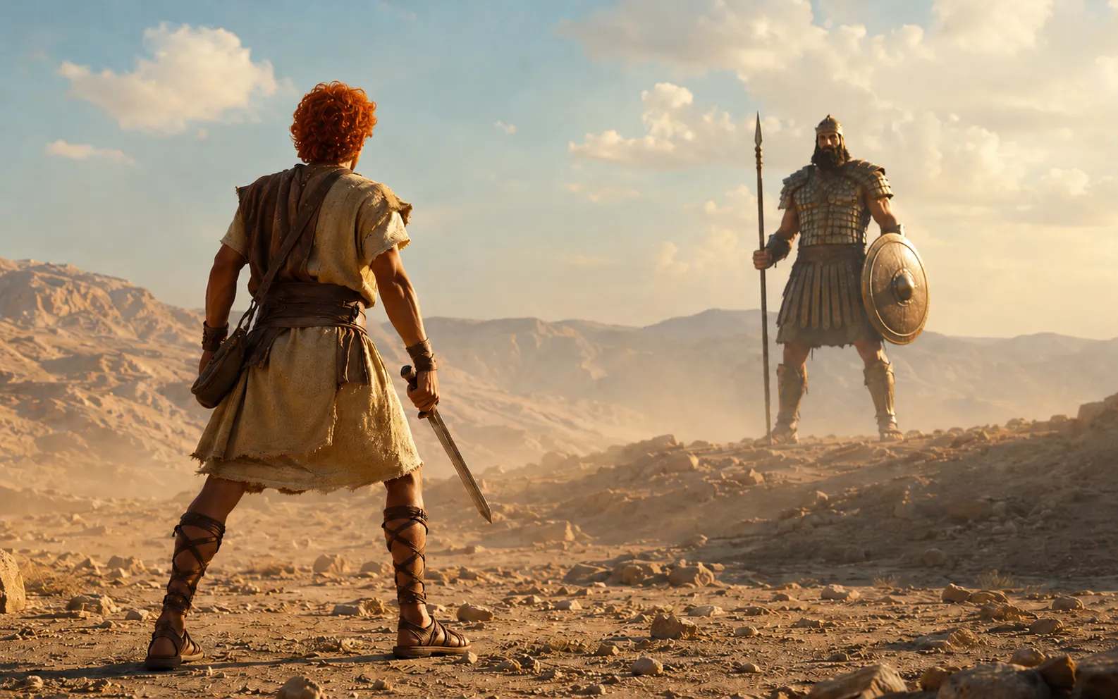 Rey David enfrentando a Goliat en el desierto
