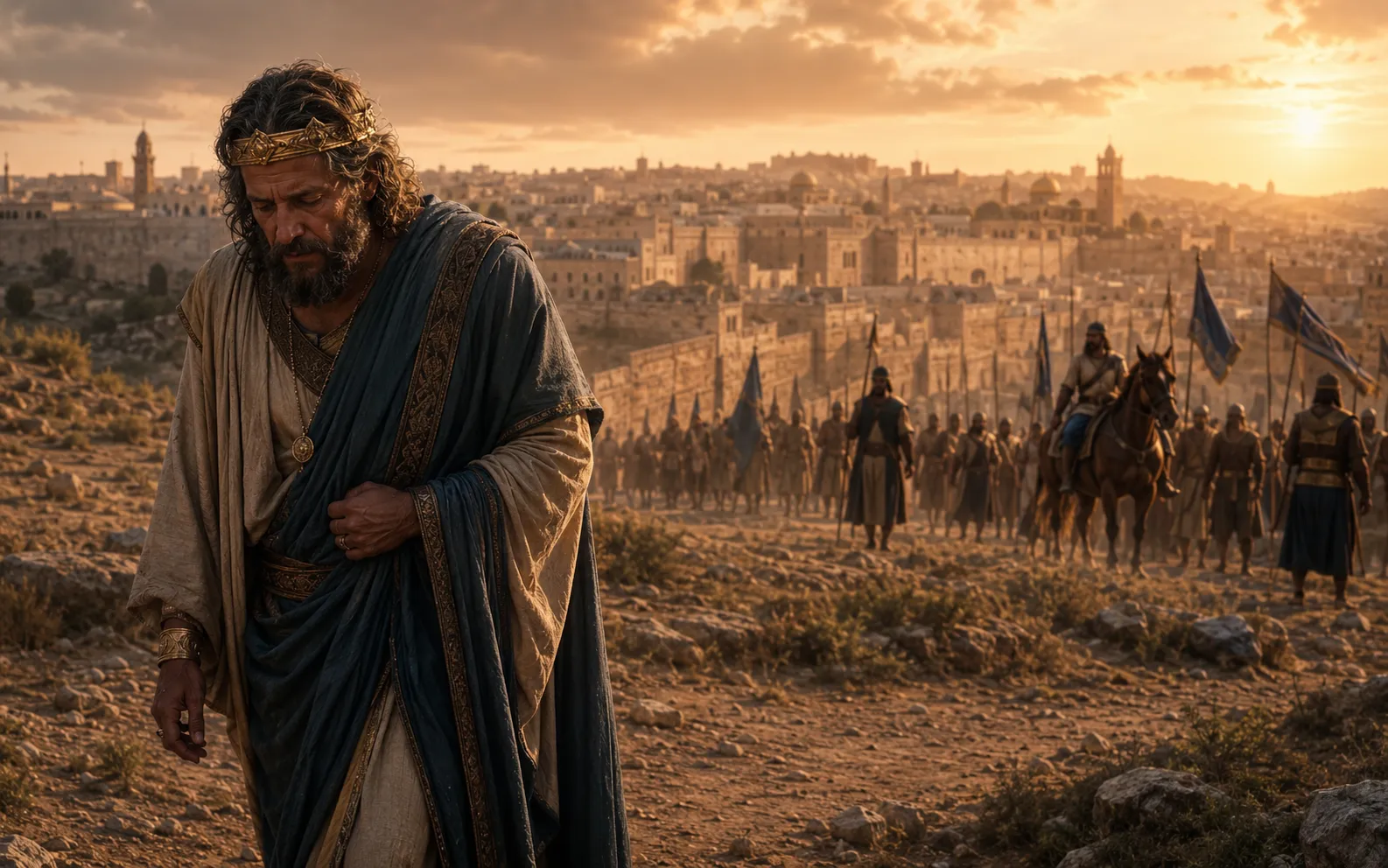 Rey David huyendo de Jerusalén por Absalón